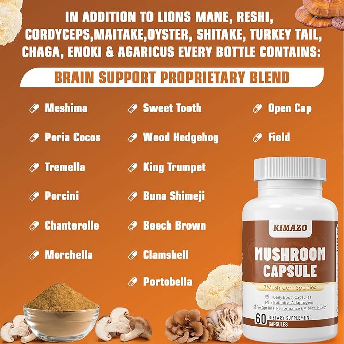 KIMAZO Lions Mane Supplement, Focus & 7 Different 100% Fruiting Mycelium(20 Days 60 Count)