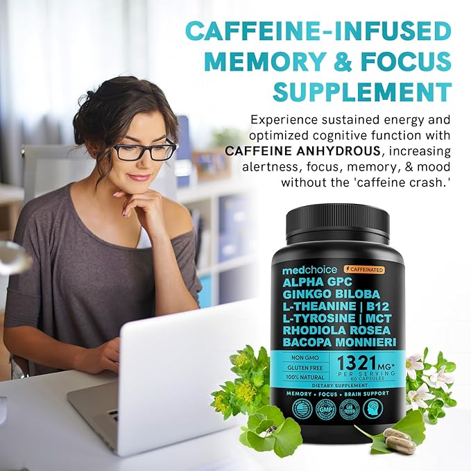 12-in-1 Nootropic Brain Supplement with Caffeine B12, Alpha 1321mg (60ct) (60ct)