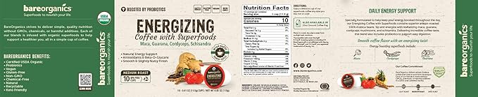 Bare Organics 14198 ENERGIZING USDA Organic Coffee Infused with Superfoods & Probiotics, Organic Coffee Pods, Compatible Organic Coffee Pods, Vegan, Gluten Free, 10ct (Pack of 6)