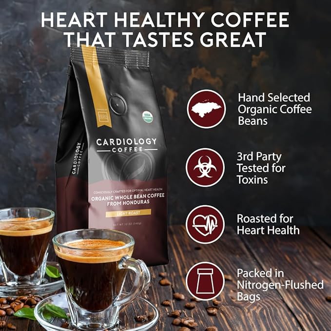 Heart Healthy Coffee - Organic Mold Free Coffee Whole Bean Light Roast - USDA Certified Hand-Selected Honduras Cardio Coffee - Non-GMO Tested for Mycotoxins & Pesticides - 12oz