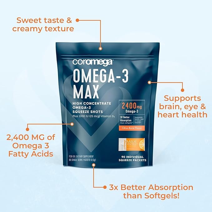 Coromega MAX High Concentrate Omega 3 2400mg Omega-3s Omega-3s with 3X Better 30 Single