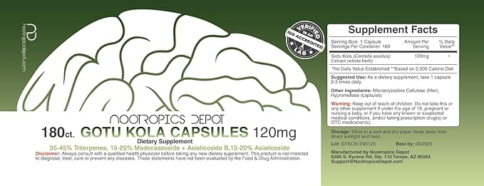 Nootropics Depot Gotu Kola Extract Capsules 120mg | 180 Count 35-45% Triterpenes