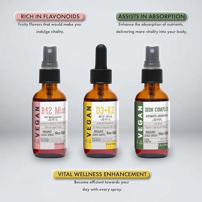 Energy & Vitality Bundle Liquid Vitamin B12 Methylcobalamin, D3 (Lichen) K2 (MK4 (MK4 & MK7), Non-GMO, 2 Fl (60 ml) 540 Days