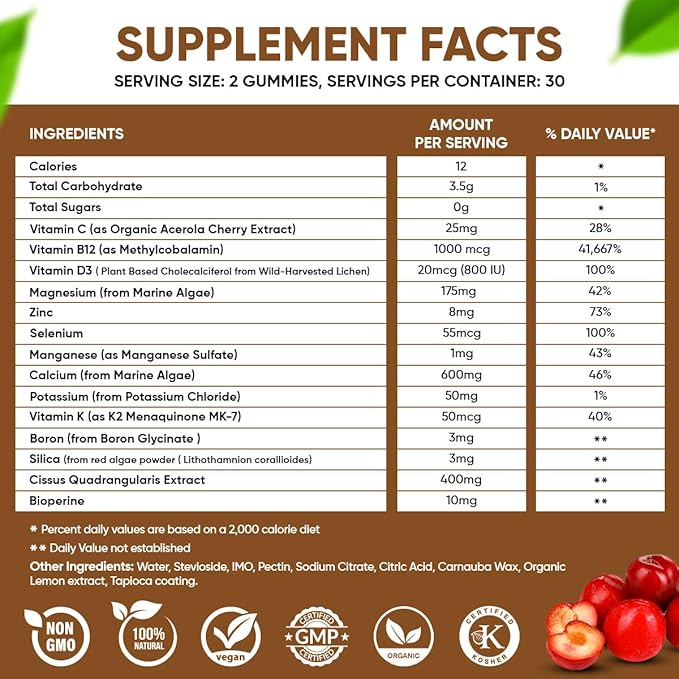 Vegan Calcium Gummies K2 Vitamin Supplement MK-7 & D3, Magnesium 13 Trace B12 - 60 ct.