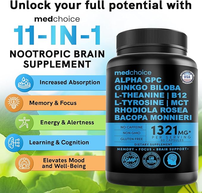 11-in-1 Nootropic Brain Supplements: Memory & 1321mg, 60ct 60ct - (3 pack)