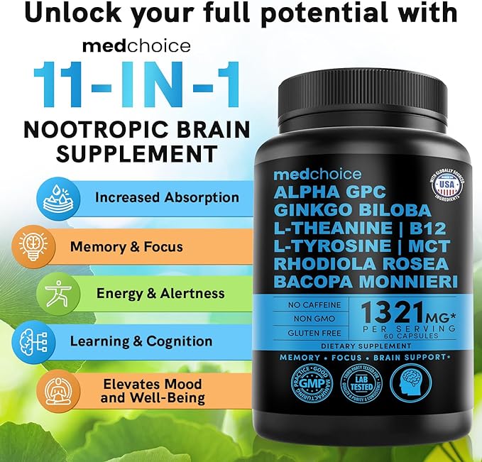 11-in-1 Nootropic Brain Supplements: Memory & 1321mg, 60ct 60ct - (2 pack)