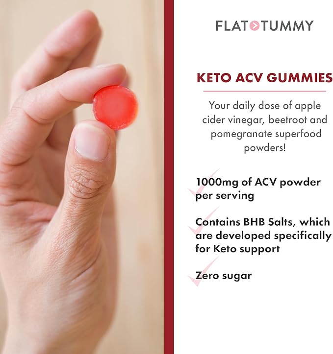 Flat Tummy Keto ACV Gummies, 60 Count – Specialized Formula, Post GLP-1 Keto Supplement, Vegan-Friendly, Non-GMO - Apple Cider Vinegar Gummies, BHB Salts, Beet and Pomegranate Superfood Powders