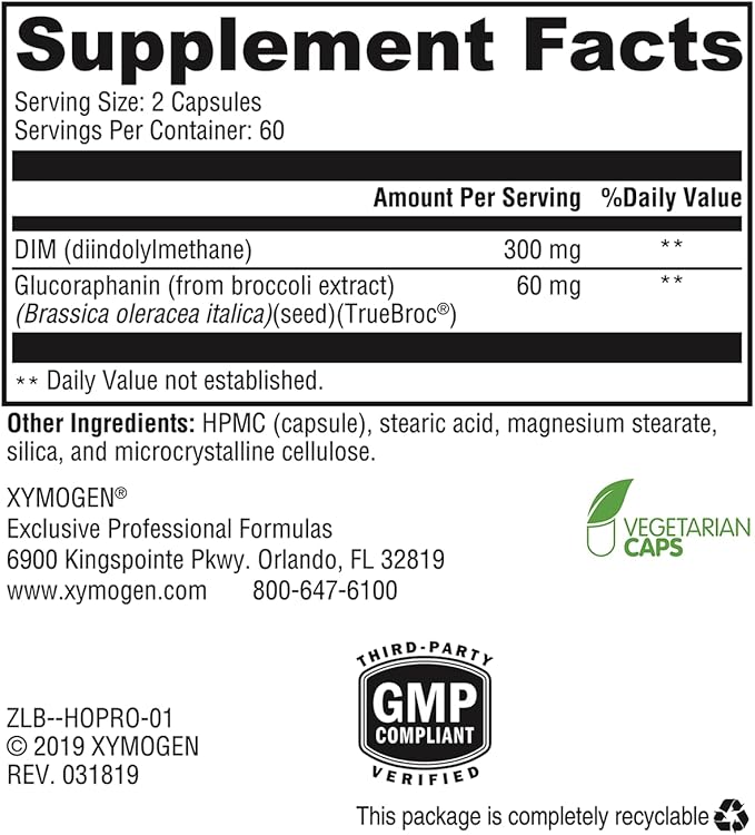 XYMOGEN Hormone Protect - Estrogen Metabolism + Estrogen Detox Support Formula - DIM (Diindolylmethane) with TrueBroc Glucoraphanin from Broccoli Extract (120 Capsules)