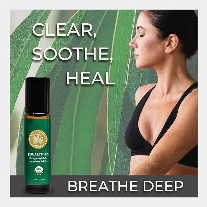 Organic Eucalyptus Essential Oil Roll On, 100% Pure USDA Certified - Respiratory Health, Colds, Cough, Sinus & Allergy Congestion - 10 ml Roller by Silk Road Organic - Always Pure, Always Organic