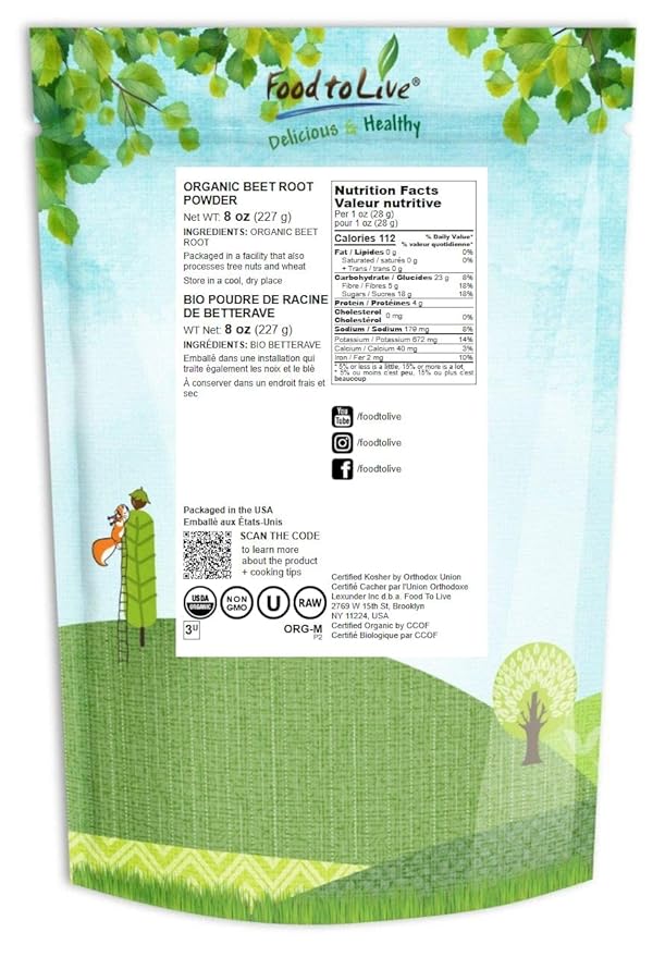 Food to Live Organic Beet Root Powder, 8 Ounces — Non-GMO, Raw, Kosher, 100% Pure, Vegan Superfood, Bulk, Rich in Iron and Fiber, Great for Juices, Drinks, and Smoothies