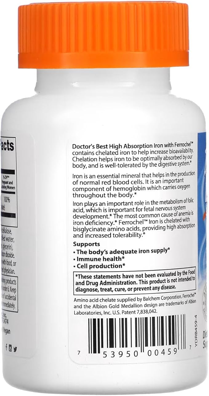Doctor's Best High Absorption Iron Tablet with Ferrochel, Gentle on The Stomach, Immune Health, Blood Health, 27 mg
