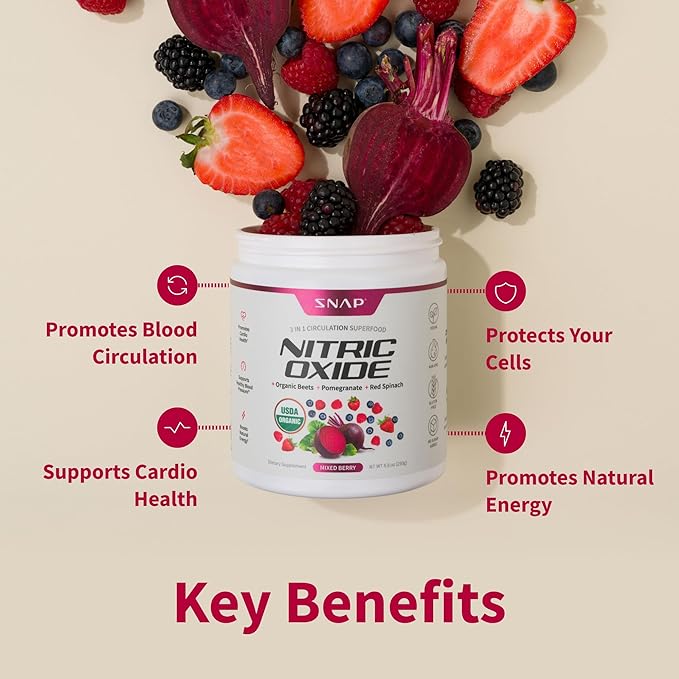 Snap Supplements Organic Beet Root Powder, Nitric Oxide Superfood Supplement with Beets, B Vitamins, Pomegranate & Red Spinach for Energy, Heart Health & Circulation Support, 30 Servings, Mixed Berry