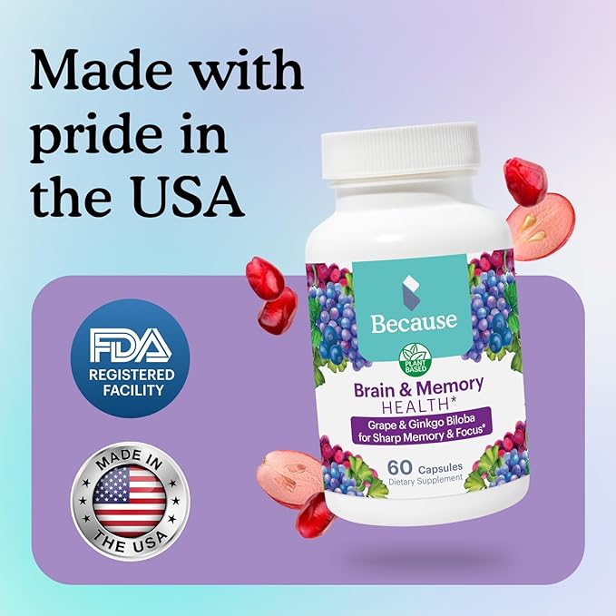 Because Brain Supplement for Memory and 740mg Serving 60 Capsules