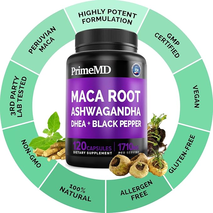 PrimeMD 6-in1 Organic Maca Root Ashwagandha Capsules 1710mg with DHEA and Black Pepper Fruit Extract - Maca Root Capsules for Women and Men - Stamina, Bone and Mood Support Supplement, 360ct (3 Pack)