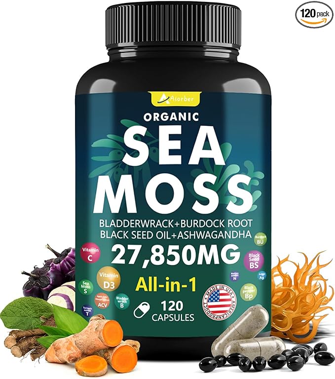 Irish Sea Moss Capsules 120 Count - Advanced Sea Moss Pills with Black Seed Oil, Ashwagandha, Ginger, Bladderwrack, Elderberry, Vitamin C & D3 - Superfood, Wild Seamoss Tablets,Seamoss Pills