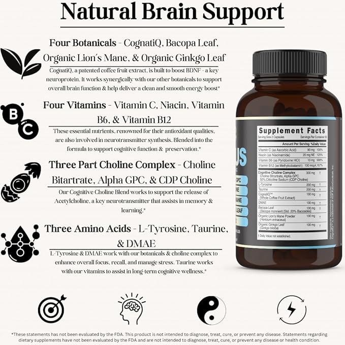 Focus 14-in-1 Nootropic Brain Supplement B12, Taurine, 60 Filler