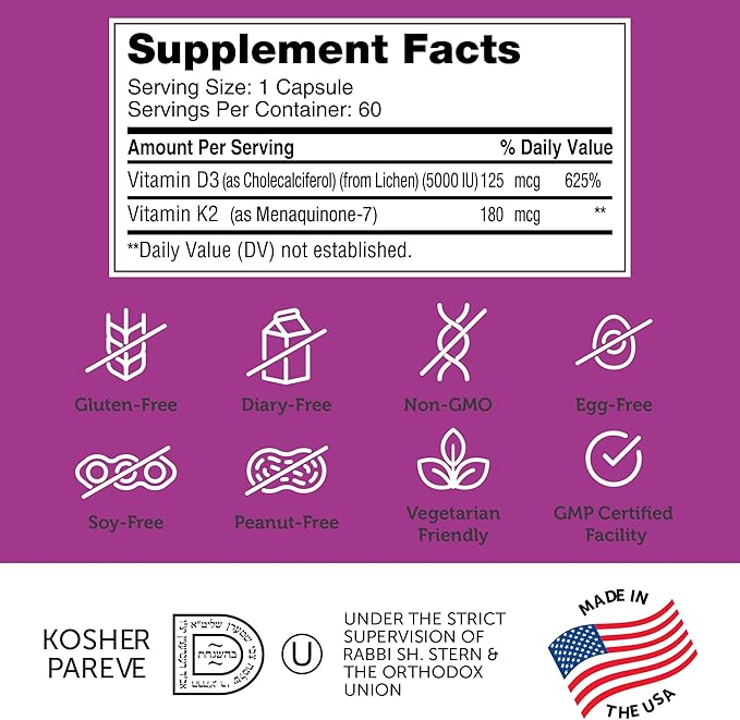 Zahler Vitamin D3 5000 IU K2 - Advanced Vitamin D3 K2 Formula - Bone Density & Calcium Absorption - Kosher Vegetarian MK7 Vitamin K2 D3 Vitamin Supplement - VIT D3 K2, Vitamin D K2 (60 Capsules)