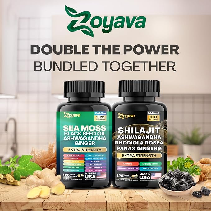 Zoyava Dynamic Vitality Bundle, Sea Moss 7000mg, Black 4000mg, Ashwagandha 2000mg, Ginger 9000mg, Rhodiola 1000mg, Panax (2 Pack)