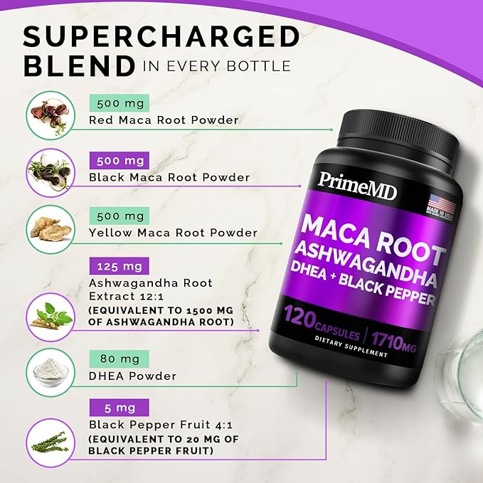 6-in-1 Organic Maca Root & Ashwagandha 1710mg w/DHEA Supplement,120 Capsules (40 Servings)