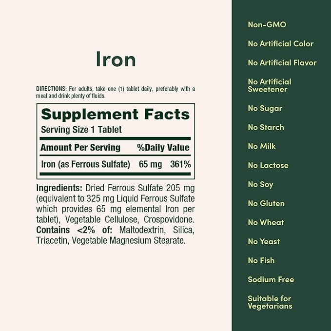 Nature's Bounty Iron 65mg, 325 mg Ferrous Sulfate, Cellular Energy Support, Promotes Normal Red Blood Cell Production, 100 Tablets