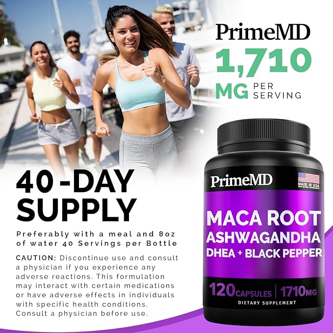 6-in-1 Organic Maca Root & Ashwagandha 1710mg w/DHEA Supplement,120 Capsules (40 Servings)