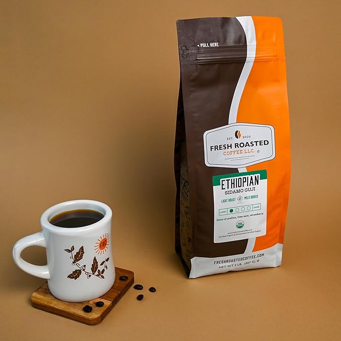 Fresh Roasted Coffee, Organic Ethiopian Sidamo Guji, 2 lb (32 oz), Light Roast, Kosher, Whole Bean