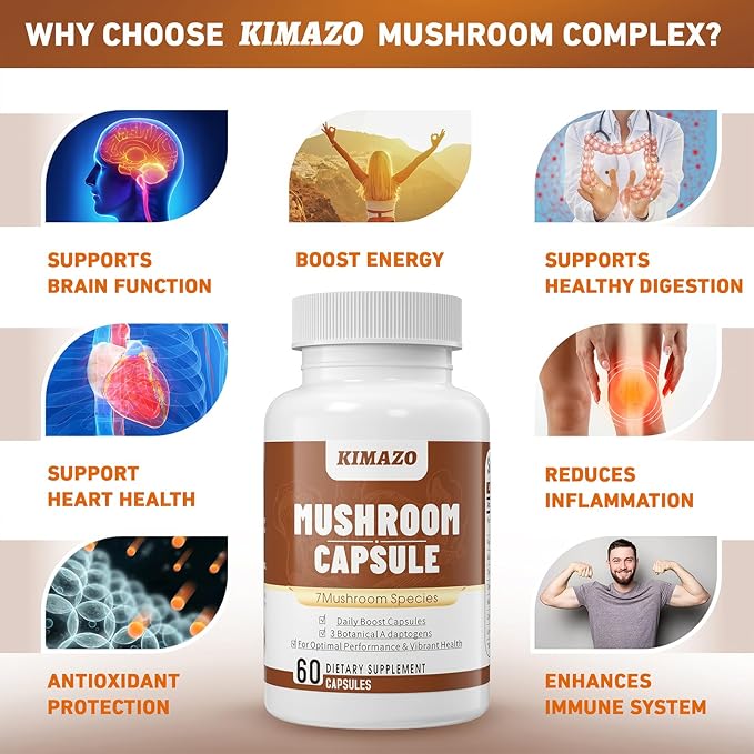 KIMAZO Lions Mane Supplement, Focus & 7 Different 100% Fruiting Mycelium(20 Days 60 Count)