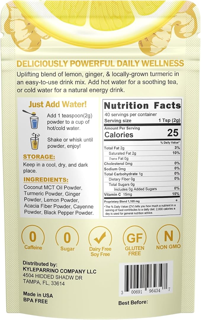 Lemon Ginger Blend Superfood Powder with MCT Oil, Turmeric, Ginger, Ture Lemon Powder, Acacia Fiber Powder, Cayenne Powder, Black Pepper Powder All Natural, Caffeine-free 3Oz (85G)