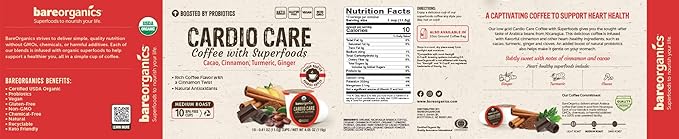 BareOrganics Cardio Care Coffee With Superfoods & Probiotics | Keurig K-Cup Compatible Coffee Pods | USDA Certified Organic, Vegan, Non-GMO & Recyclable 72ct