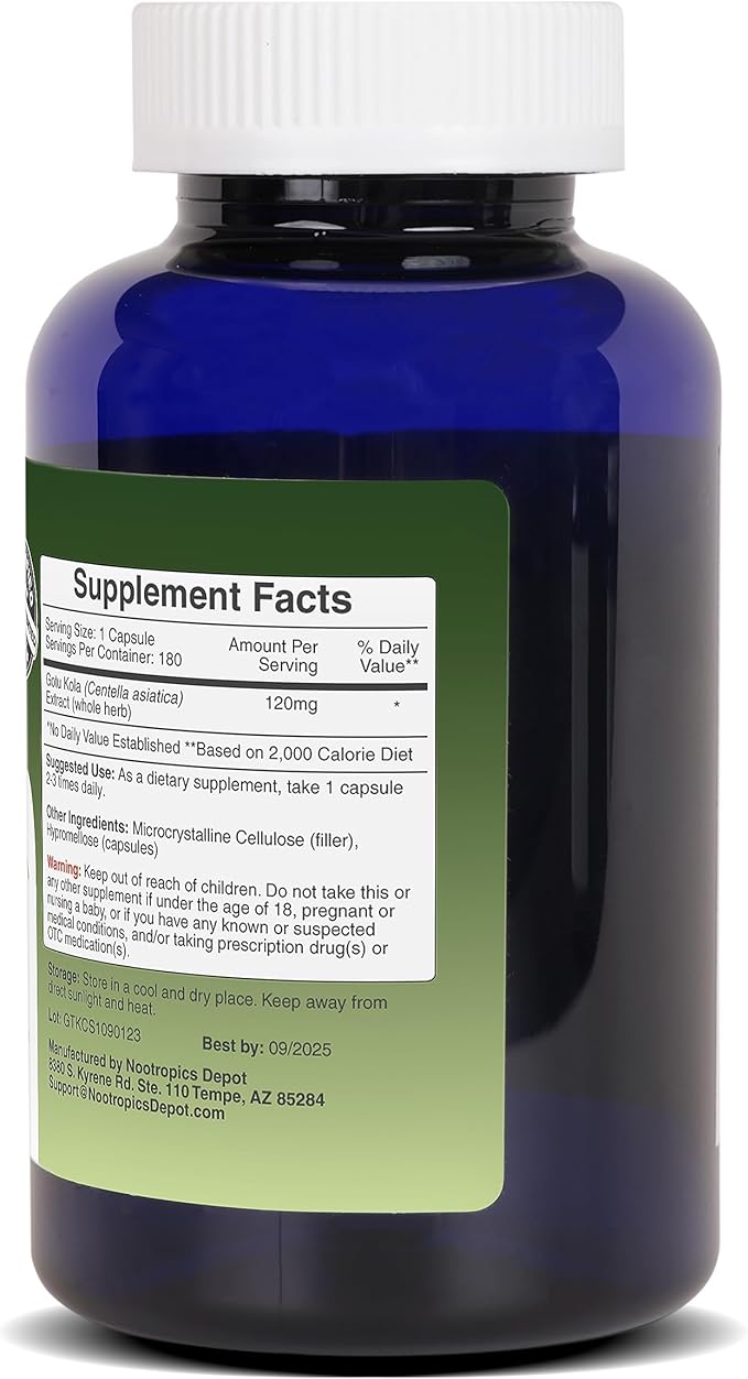 Nootropics Depot Gotu Kola Extract Capsules 120mg | 180 Count 35-45% Triterpenes