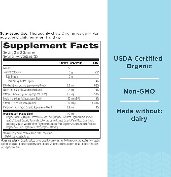 Ancient Nutrition Supergreens Gummy, Organic Superfood Gummy Made from Real Fruits, Vegetables and Herbs, for Digestive and Energy Support, 50 Count, Strawberry Watermelon