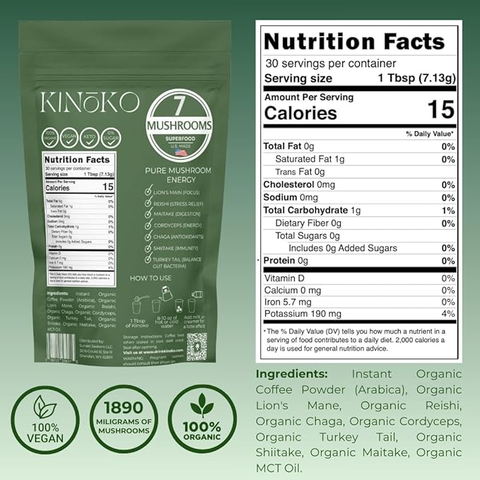Mushroom Coffee with MCT Oil Blend of 7 Adaptogenic Mushrooms Enhanced Focus, Energy – Instant Creamy Coffee Mix Premium Quality, Crafted in the USA Kinoko Mushroom Coffee