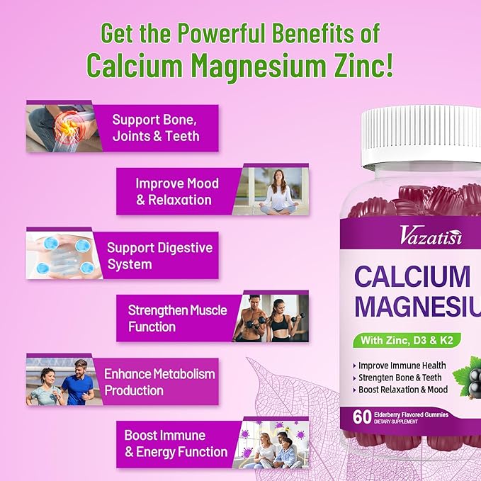 Calcium Magnesium Zinc Gummies with Vitamin D3 & K2, High 120 Gummies…