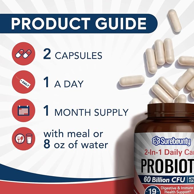 Probiotics 60 Billion CFU 19 Strains 100mg Prebiotic, 2-in-1 Daily 60 Veggie