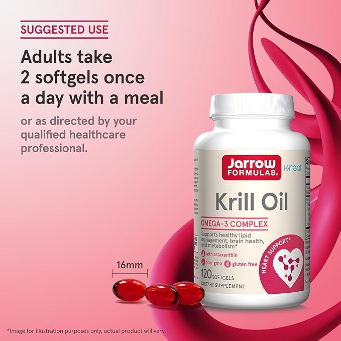 Jarrow Formulas Krill Oil - Phospholipid Omega-3 Complex with Astaxanthin - 120 Softgels - 60 Servings - Supports Lipid Management, Metabolism, Brain & Heart Health - EPA & DHA - Gluten Free - Non-GMO