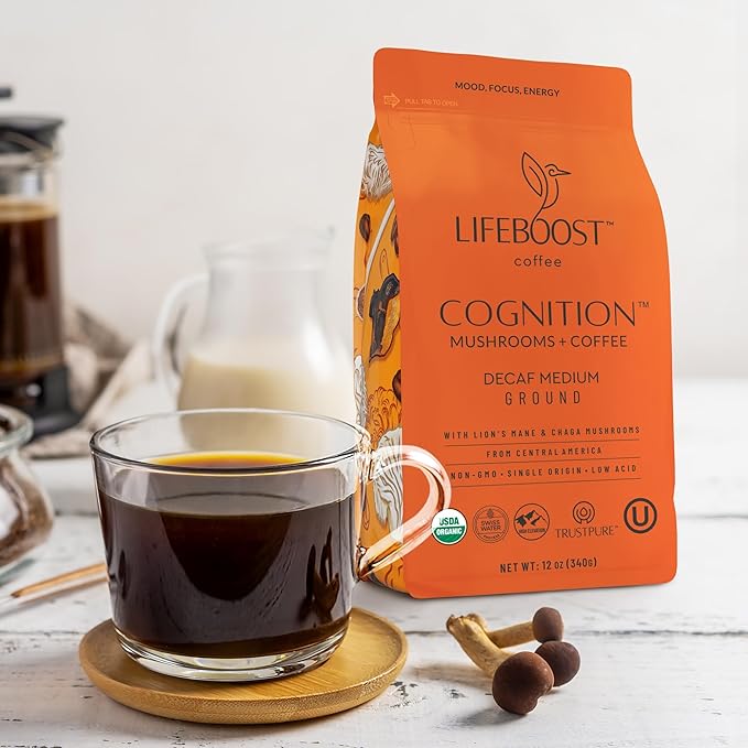 Lifeboost Cognition Adaptogenic Decaf Mushroom Coffee - Lions Mane & Chaga Nootropic Coffee - Low Acid Decaf Medium Organic Coffee - Increase Energy, Boost Focus & Immune Support - 12 oz Bag - Ground