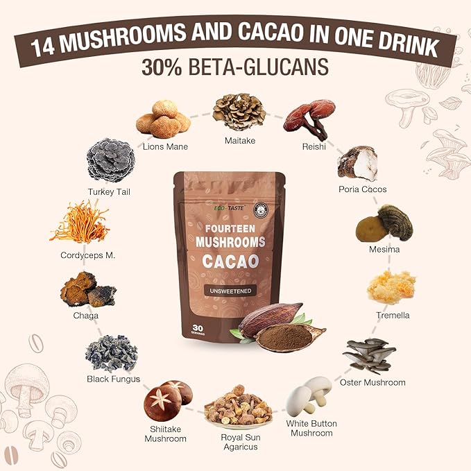 Mushroom Coffee Alternative 14 in 1 - 30 Servings, Cacao with 800mg Mushrooms - Lion's Mane, Reishi, Maitake, Turkey Tail, Chaga Fruiting Body Extract, 30% Beta-Glucan for Focus & Energy Support, 7.6 oz