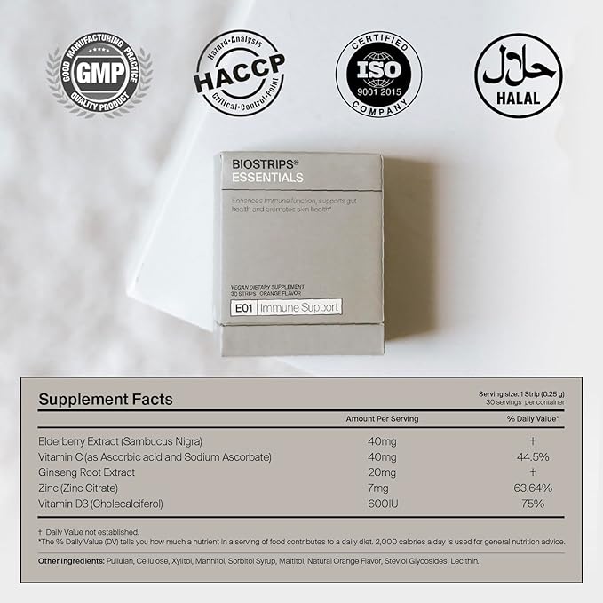 BIOSTRIPS® Immune Support - 5-in-1 Immune Health - Oral Supplement Strips - Supports Immune Function, Gut Health, Skin - Vitamin C, Vitamin D, Zinc, Elderberry - 30 ct