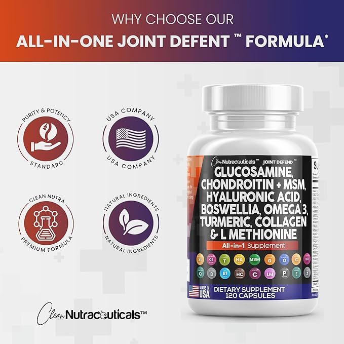 Clean Nutraceuticals Glucosamine Chondroitin MSM Turmeric 3 Pills 120 Count