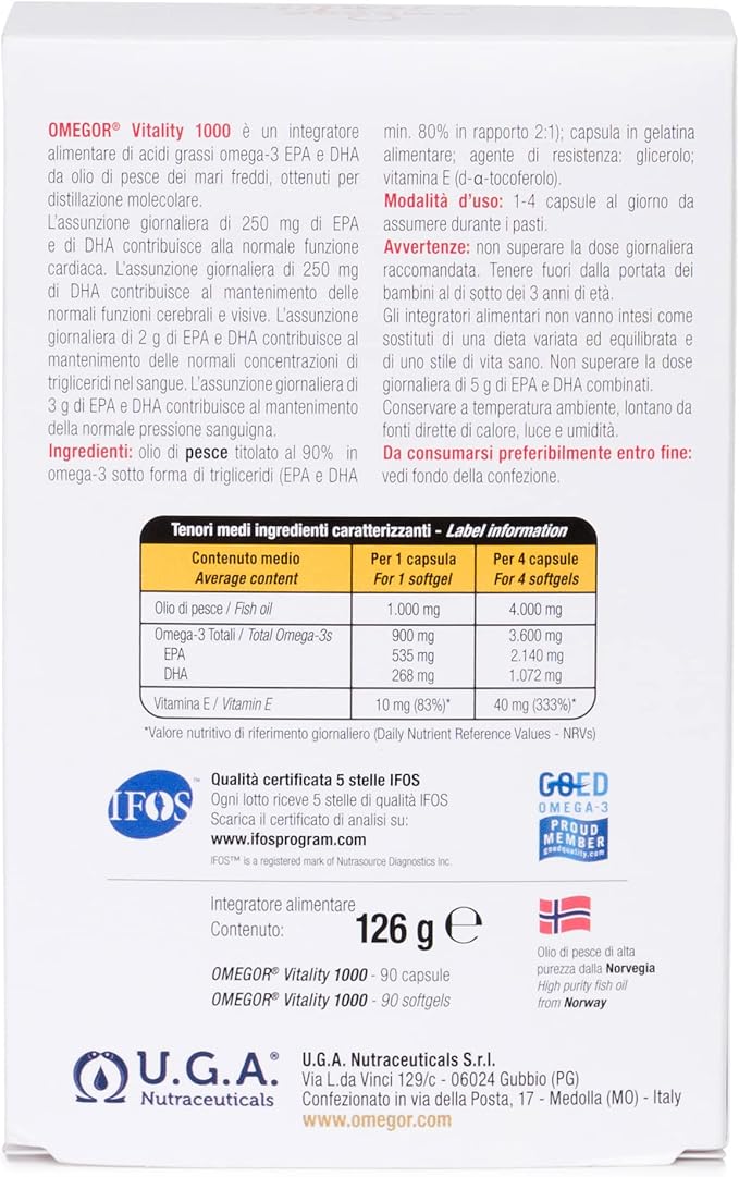 OMEGOR® Vitality 1000 with 90% Omega-3 5-Star Certified 2006. EPA 535mg and 268mg per 2 Capsules. 90% Triglyceride 60 Capsules