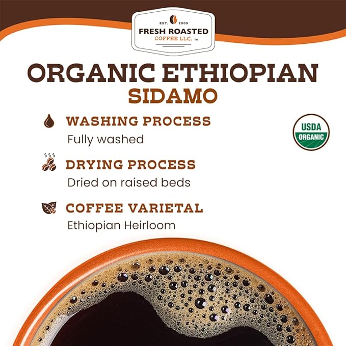Fresh Roasted Coffee, Fair Trade Organic Ethiopian Sidamo, 5 lb (80 oz), Light Roast, Kosher, Whole Bean