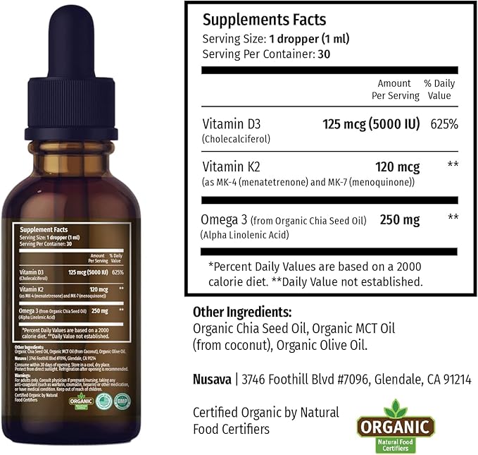 (2 Pack) Organic Vitamin D3 K2 3, 5000 5000 IU, 5000 IU, D3 for 2 Fl D3