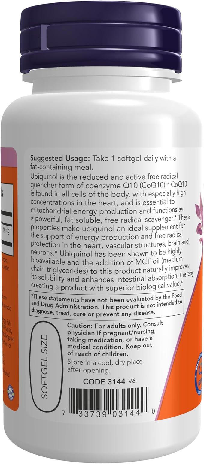 NOW Supplements, Ubiquinol 200 mg, High CoQ10), 60 60 Softgels