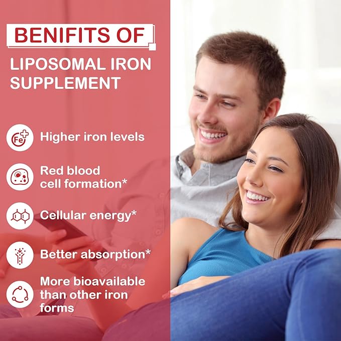Liposomal Fe Iron Supplement for Women,65 mg Iron Supplements with Folic Acid & Vitamin B12 for Men,Red Blood Cell Production,Energy Support for Adults Iron Deficiency 60 Softgels(2 Bottle)