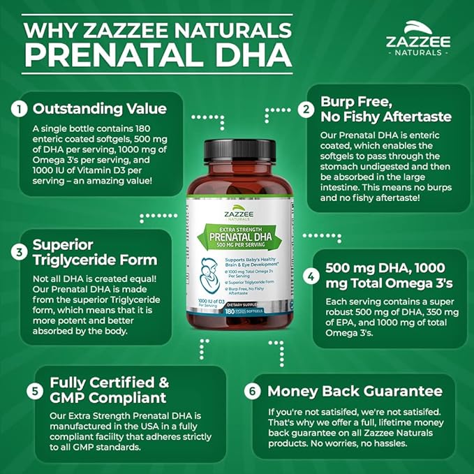 Zazzee Extra Strength Prenatal DHA 500 180 Enteric 1000 mg 3’s, 1000 1000 UI D3, Burp