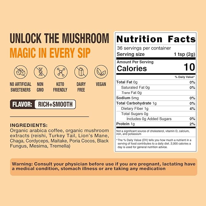 Organic Mushroom Coffee – 30% Beta-Glucans, Arabica Instant Coffee Infused with Fungipure™ Mushrooms - Lions Mane, Reishi, Turkey Tail, 72 Grams - 36 Servings