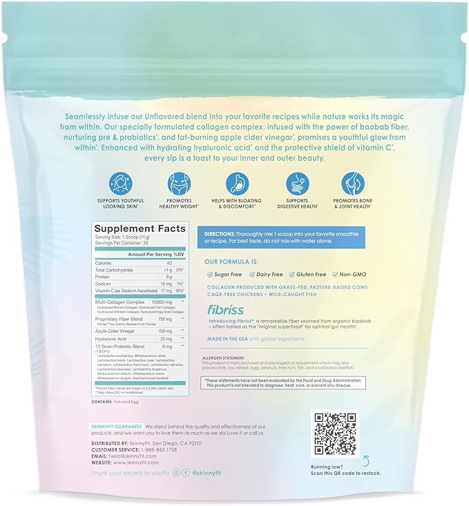 SkinnyFit Super Youth Unflavored Multi-Collagen Peptides + Probiotics, Baobab Fiber, Apple Cider Vinegar, Hyaluronic Acid, & Vitamin C, Skin, Hair, Joint & Metabolism Support, 30 Servings