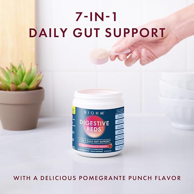 BIOHM Digestive Reds, Superfood Powder, Antioxidants, Vitamins, Probiotics, Digestive Health for Women and Men with Enzymes, Beets, Goji, Pomegrante, Red Berry Flavor (30 Servings)
