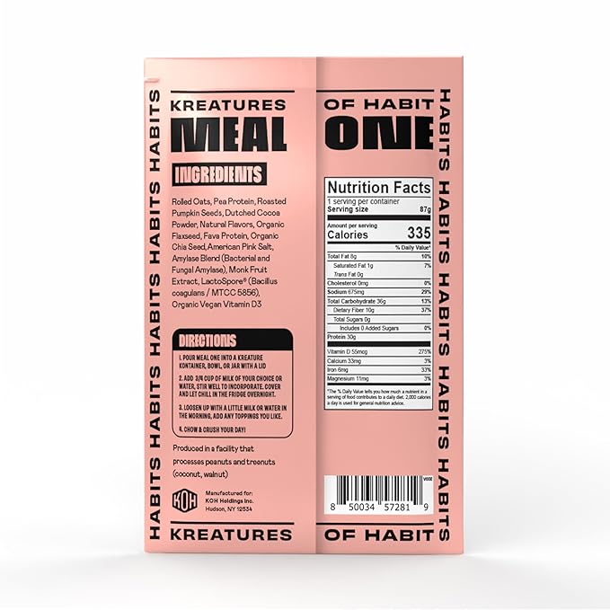 Kreatures of Habit Meal One | Overnight & Instant Superfood Protein Meal Replacement | Gluten Free, Dairy Free, 30g of Plant Based Protein, With No Added Sugar | Chocolate | Pack of 7