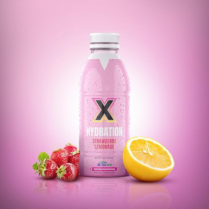 X Hydration 12 Pack- Premium Adaptogenic Fitness Water- Aloe Vera Based with Ashwagandha & Lions Mane- Strawberry Lemonade- Hydration beverage for wellness, performance, immunity and recovery